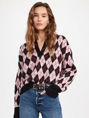 FAVORITE DAUGHTER Aria Black Red Argyle Wool Cashmere Knit Polo Sweater, Size S